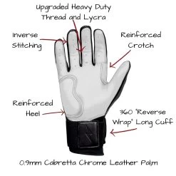 Bruce Bolt PREMIUM PRO Chrome Series Long Cuff Batting Gloves: Black -BatPower Deals Sales LC CHRB PALM CALLOUTS